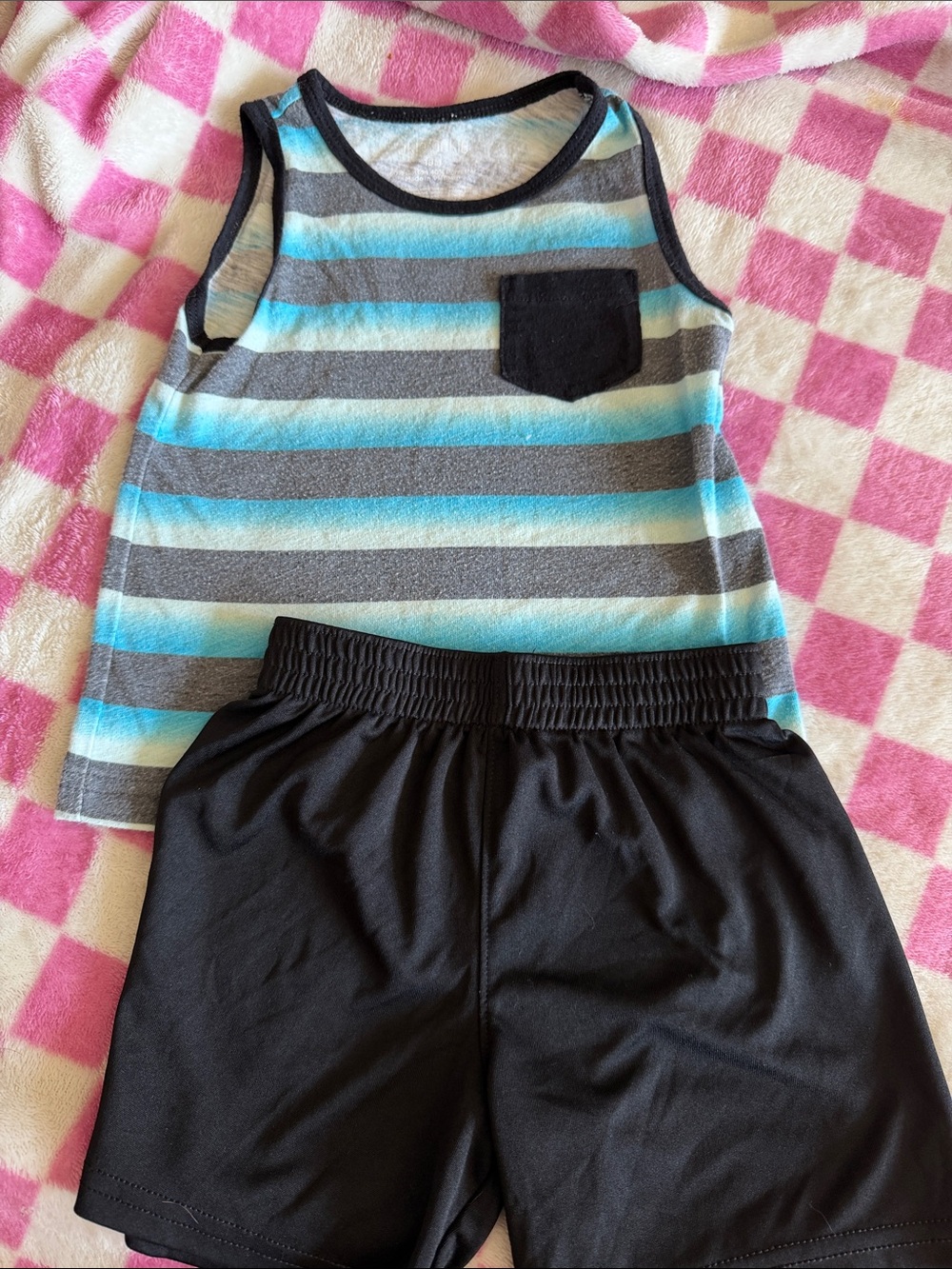 okie dokie Blue, Gray & Black Striped Tank Top with Black Shorts
